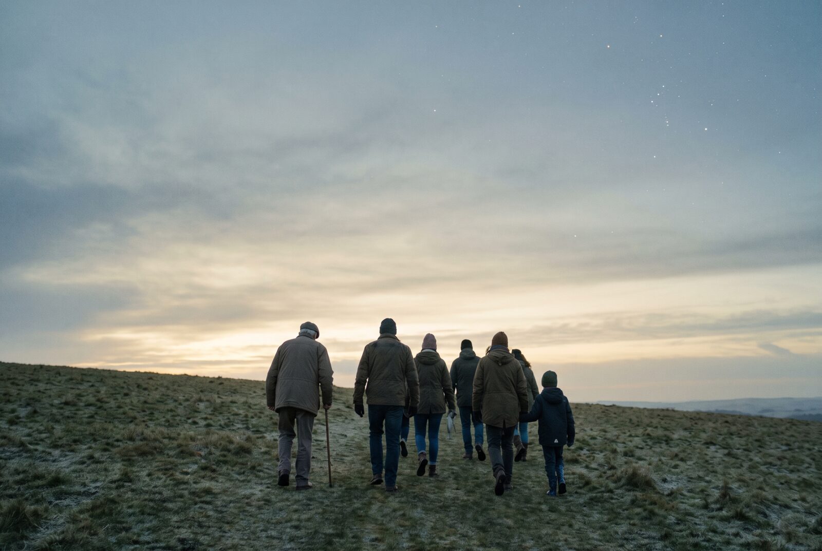 A multigenerational group of people walking together up a grassy hillside toward the dawn light, the Orion constellation faint in the sky above.